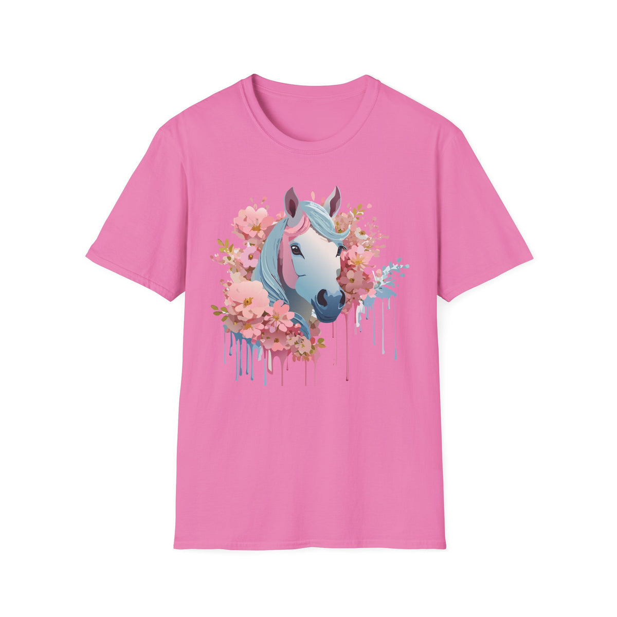 Pastel Floral Unicorn T-Shirt | Horse Portrait, Pink Blue Mane