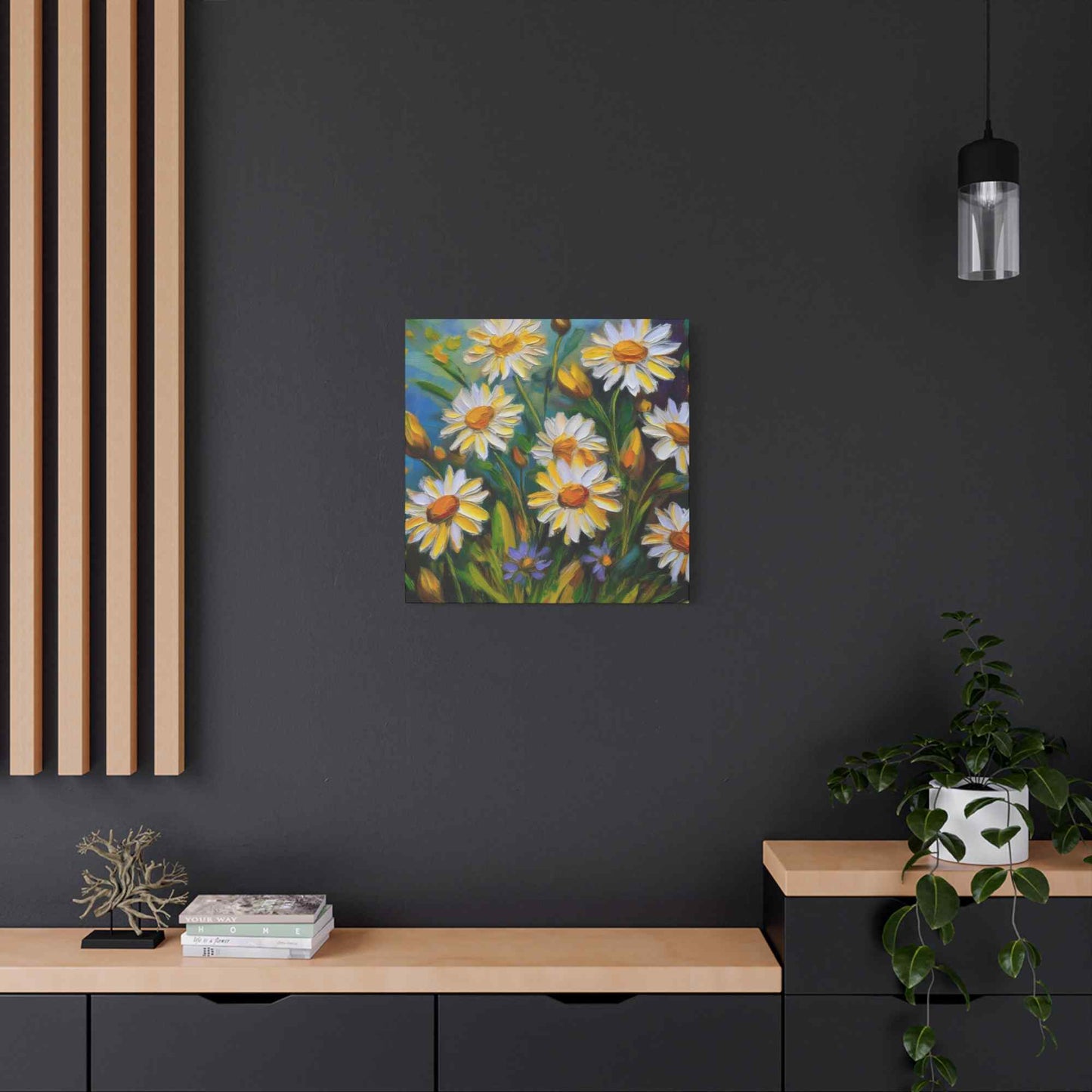 White Daisies Print Canvas, Floral Oil Paint Print 20x20, 24x24, 30x30, 32x32, 36x36 Art Design Pine-Wood Inner Frame MC-127