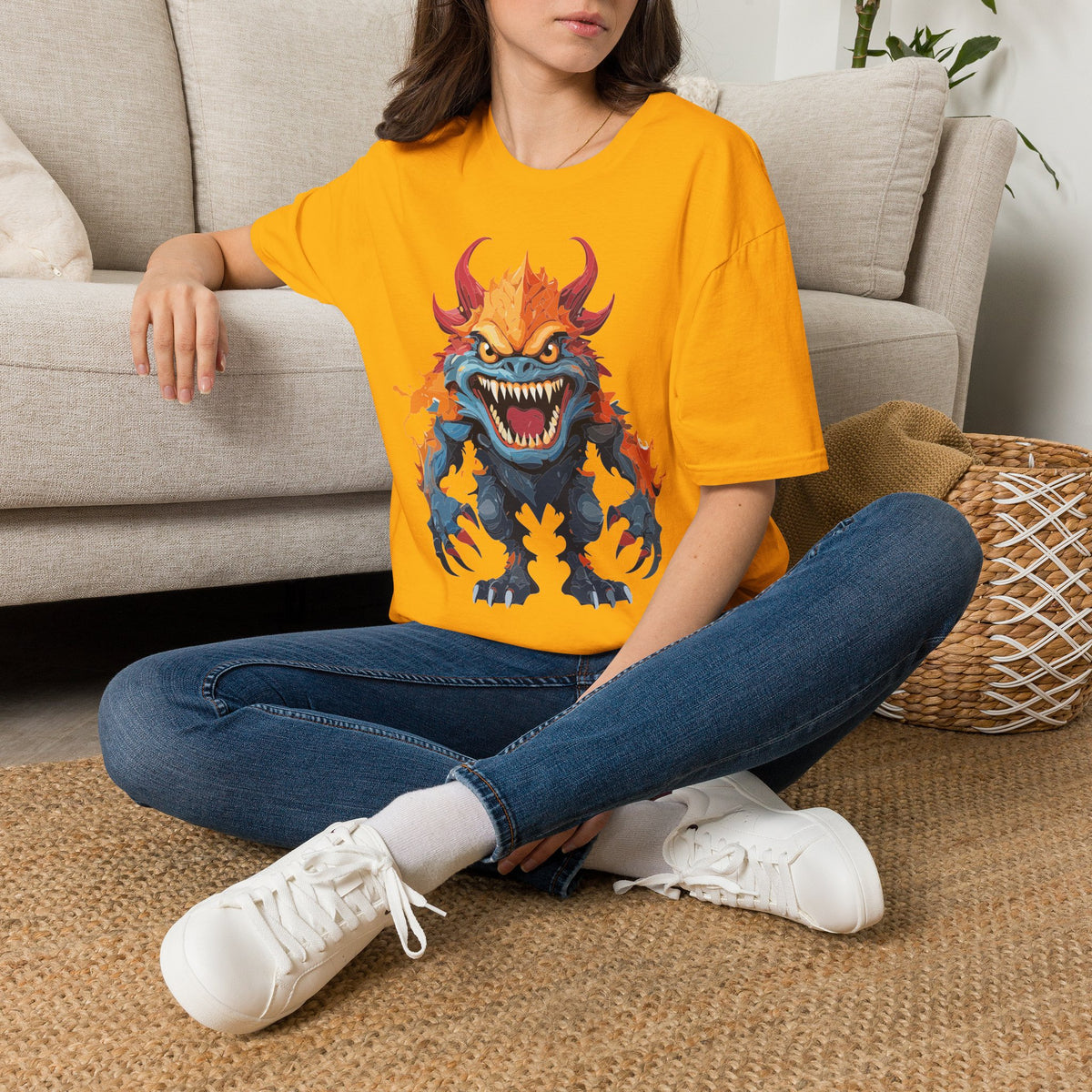 Monster T-Shirt — Fiery Demon Creature Cartoon Graphic Tee Unisex 100 Cotton Gildan T-Shirt