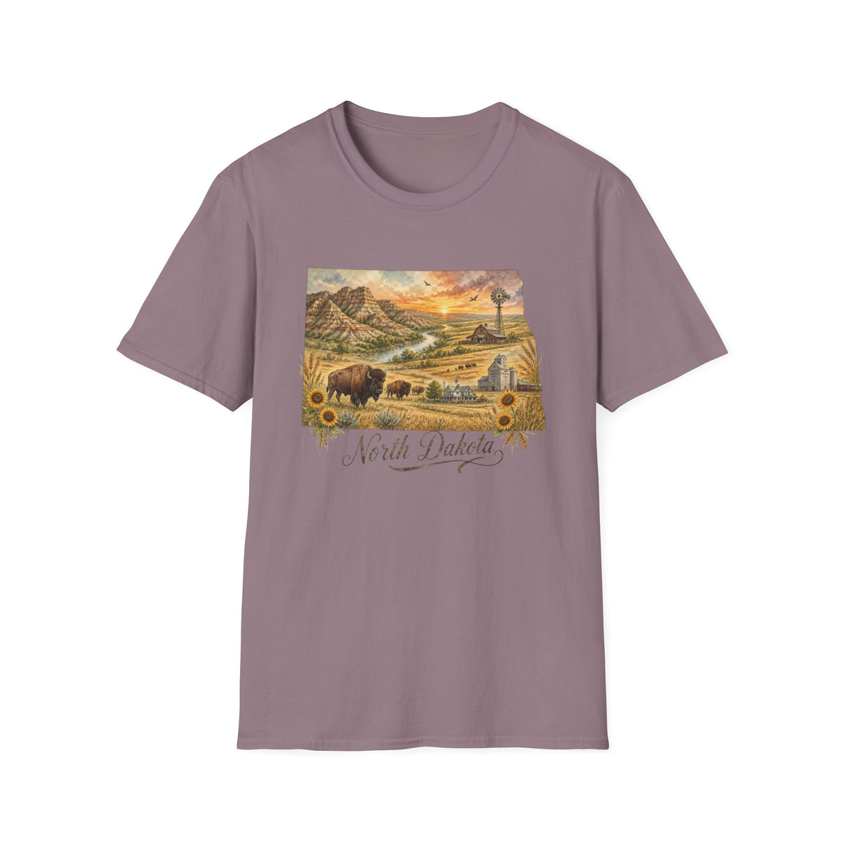 North Dakota State Travel Tourist Graphic Design Unisex 100 Cotton Gildan T-Shirt