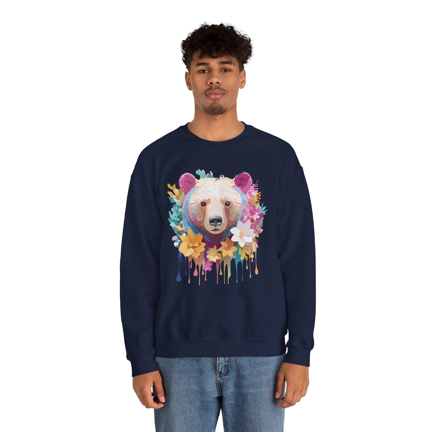 Unisex Floral Bear Sweatshirt With Art Design Gildan 18000 Crewneck