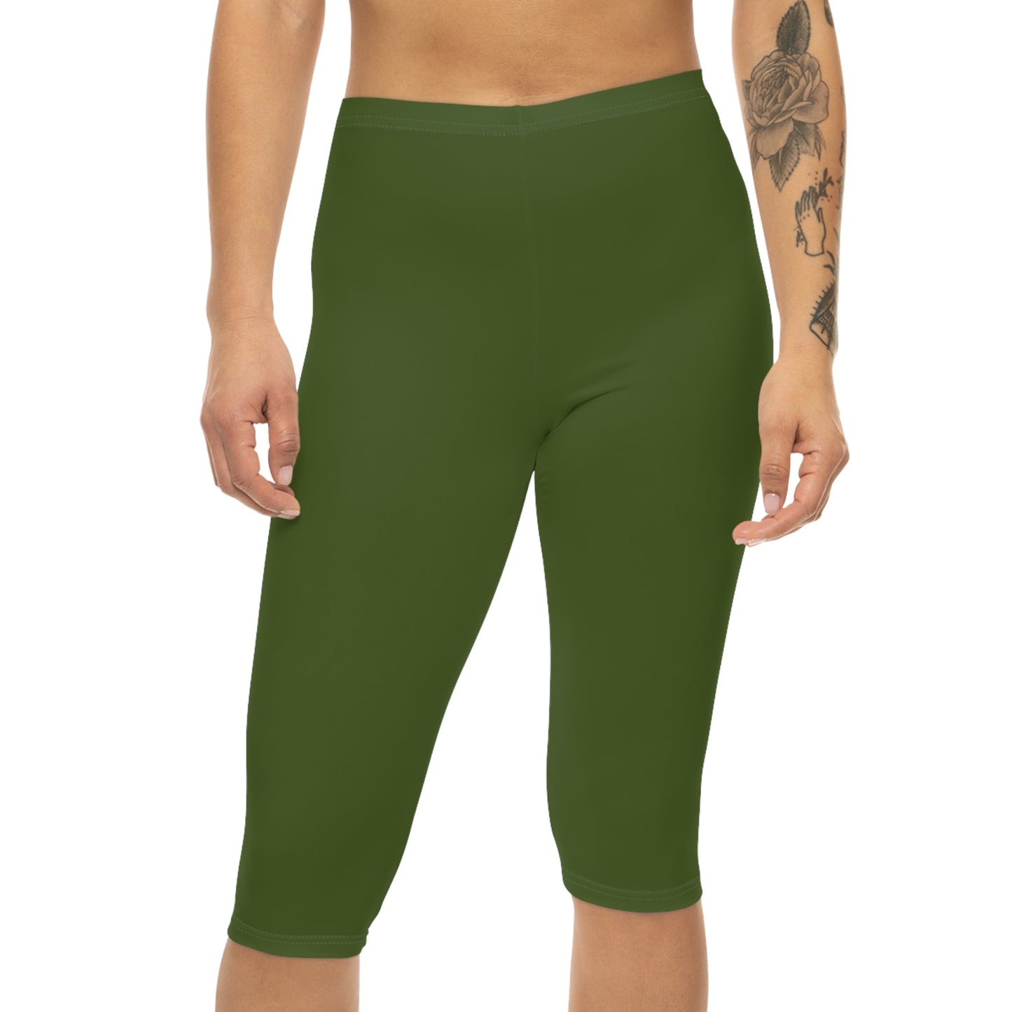 Olive Leaf Color Women's Brushed Suede Poly Span Casual Capri Leggings XS-2XL