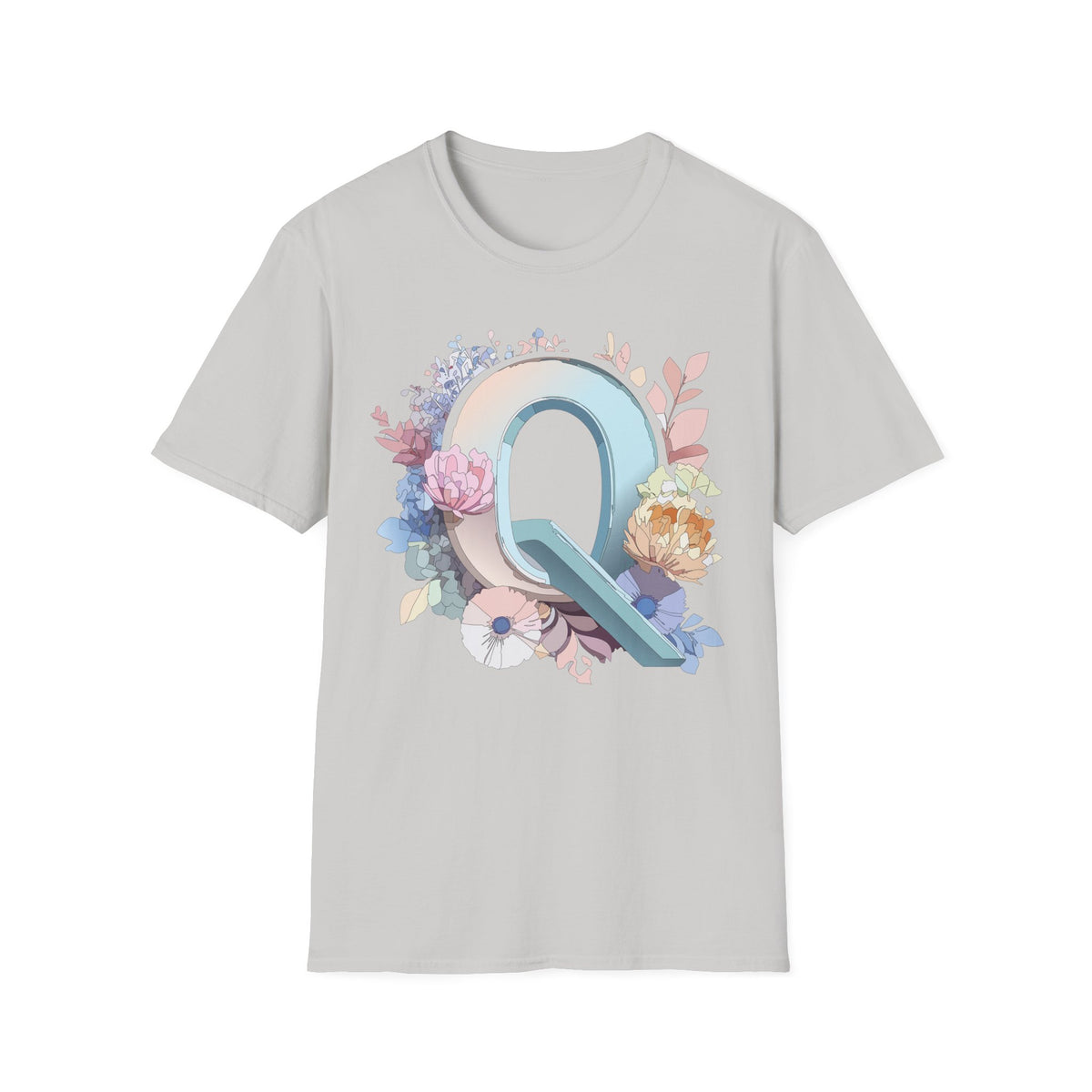Floral Letter Q T-Shirt | Monogram Initial Tee, Pastel Botanical Alphabet