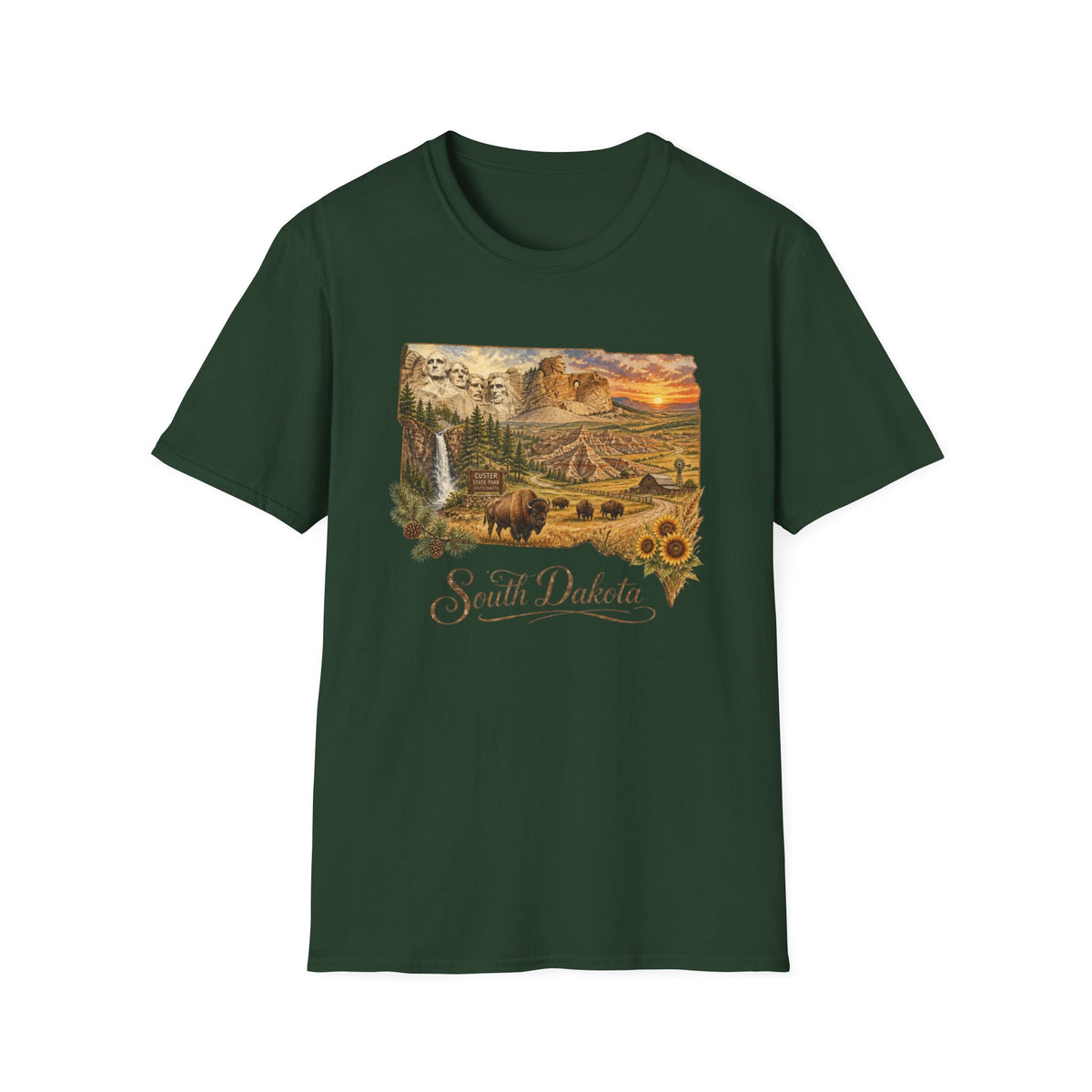 South Dakota Scenic T-Shirt — State Landscape Sunset Travel Tourist Graphic Design Unisex 100 Cotton Gildan T-Shirt