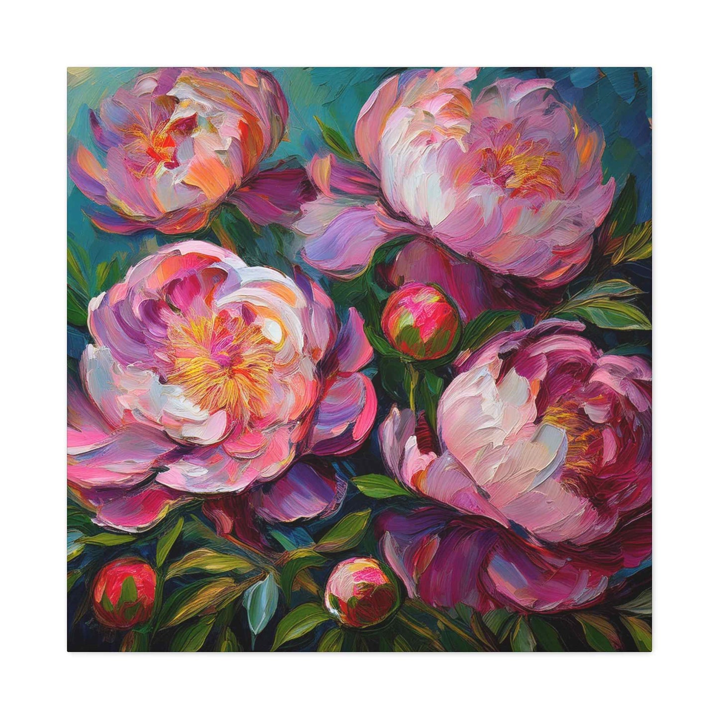 Pink Peonies Print Canvas, Floral Oil Paint Print 20x20, 24x24, 30x30, 32x32, 36x36 Art Design Pine-Wood Inner Frame MC-114