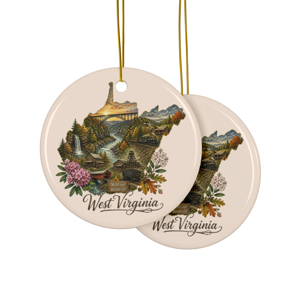 West Virginia State Map Ornament | Ceramic Round Ornament - 2.99" Includes Gold String
