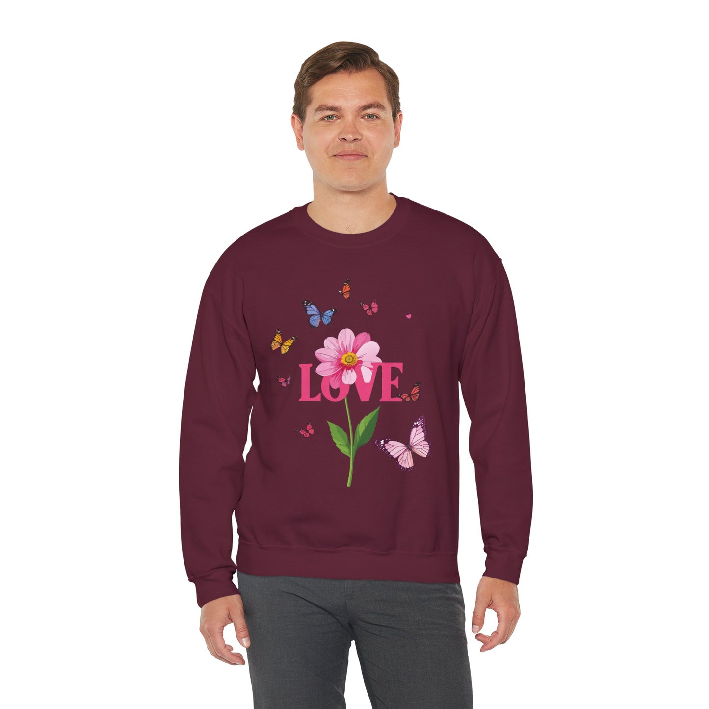 Unisex Floral Love Sweatshirt, Love Floral Sweatshirt, Floral Butterfly Sweatshirt, 50/50 Cotton-Poly Valentine's Day Sweatshirt 01