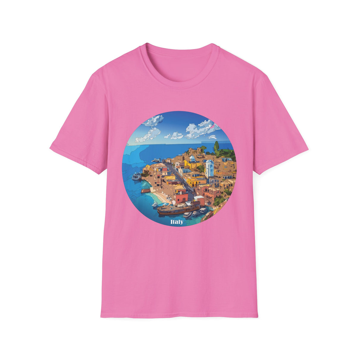 Italy Mediterranean Coastal Village Illustration T-Shirt | Seaside Landscape Tee