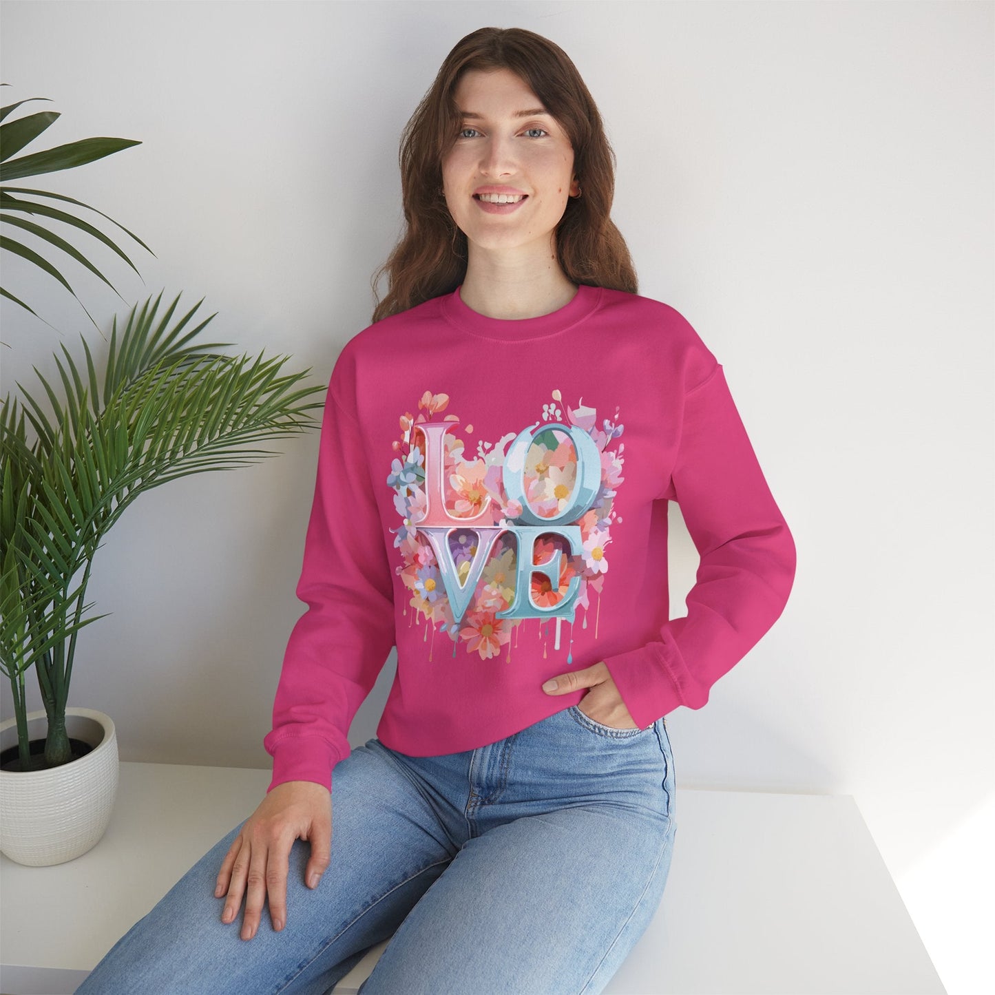 Floral Love Sweatshirt Unisex Valentines Day Crewneck Gildan 18000 50 Cotton 50 Polyester