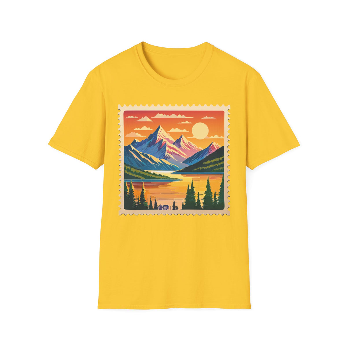 Sunset Mountain Landscape T-Shirt | Vintage Stamp Style