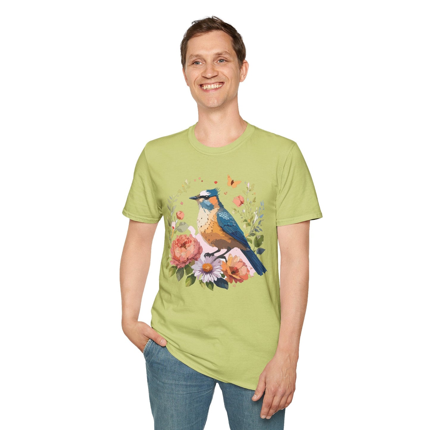 Floral Bird T Shirt Unisex Softstyle Gildan 64000 Tee 100 Percent Ring Spun Cotton