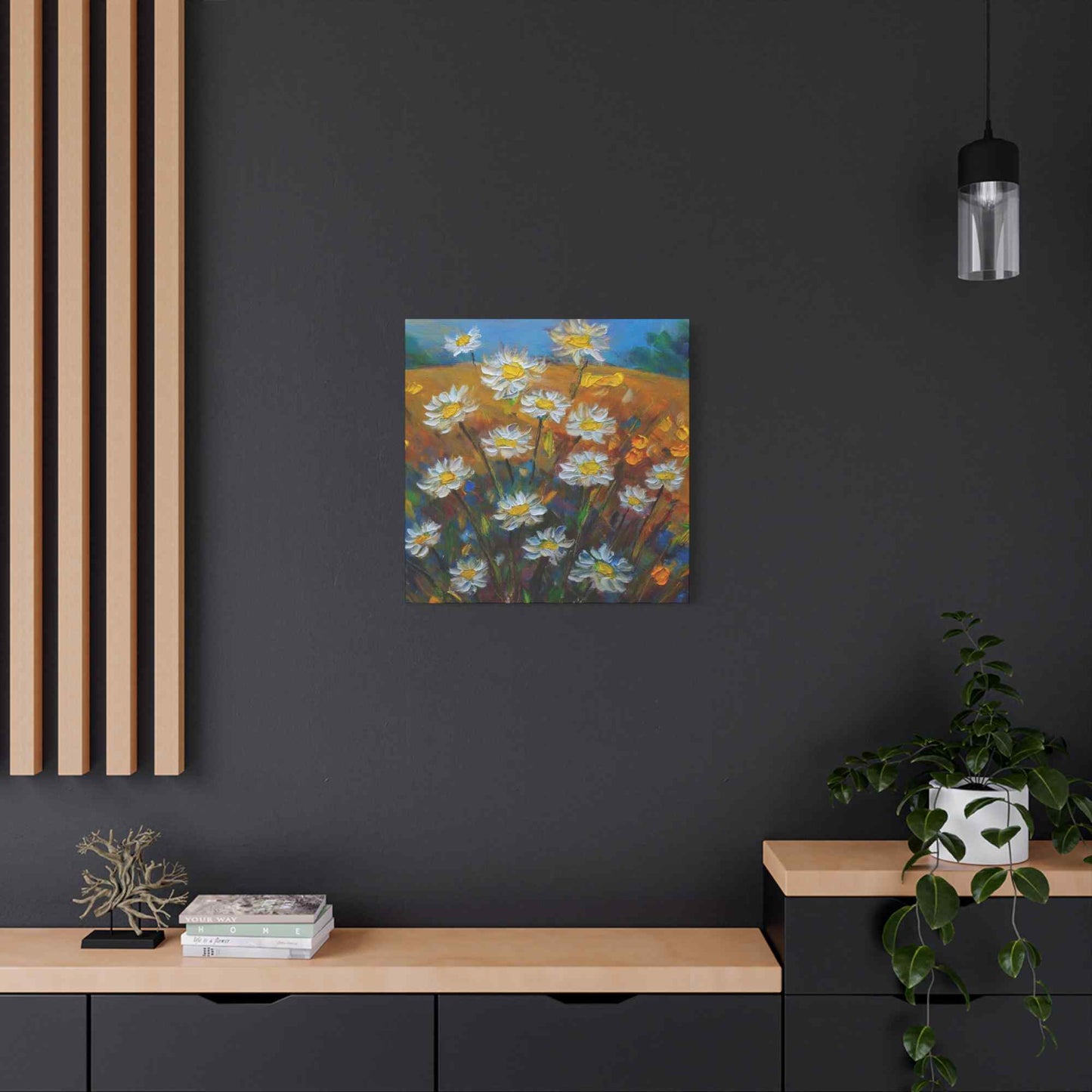 White Daisies Print Canvas, Floral Oil Paint Print 20x20, 24x24, 30x30, 32x32, 36x36 Art Design Pine-Wood Inner Frame MC-126