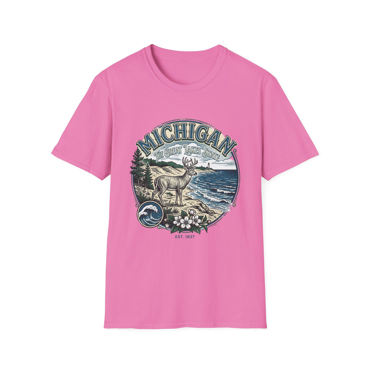 Michigan Deer Scenic T-Shirt — Vintage Great Lakes Travel Tourist Graphic Design Unisex 100 Cotton Gildan T-Shirt
