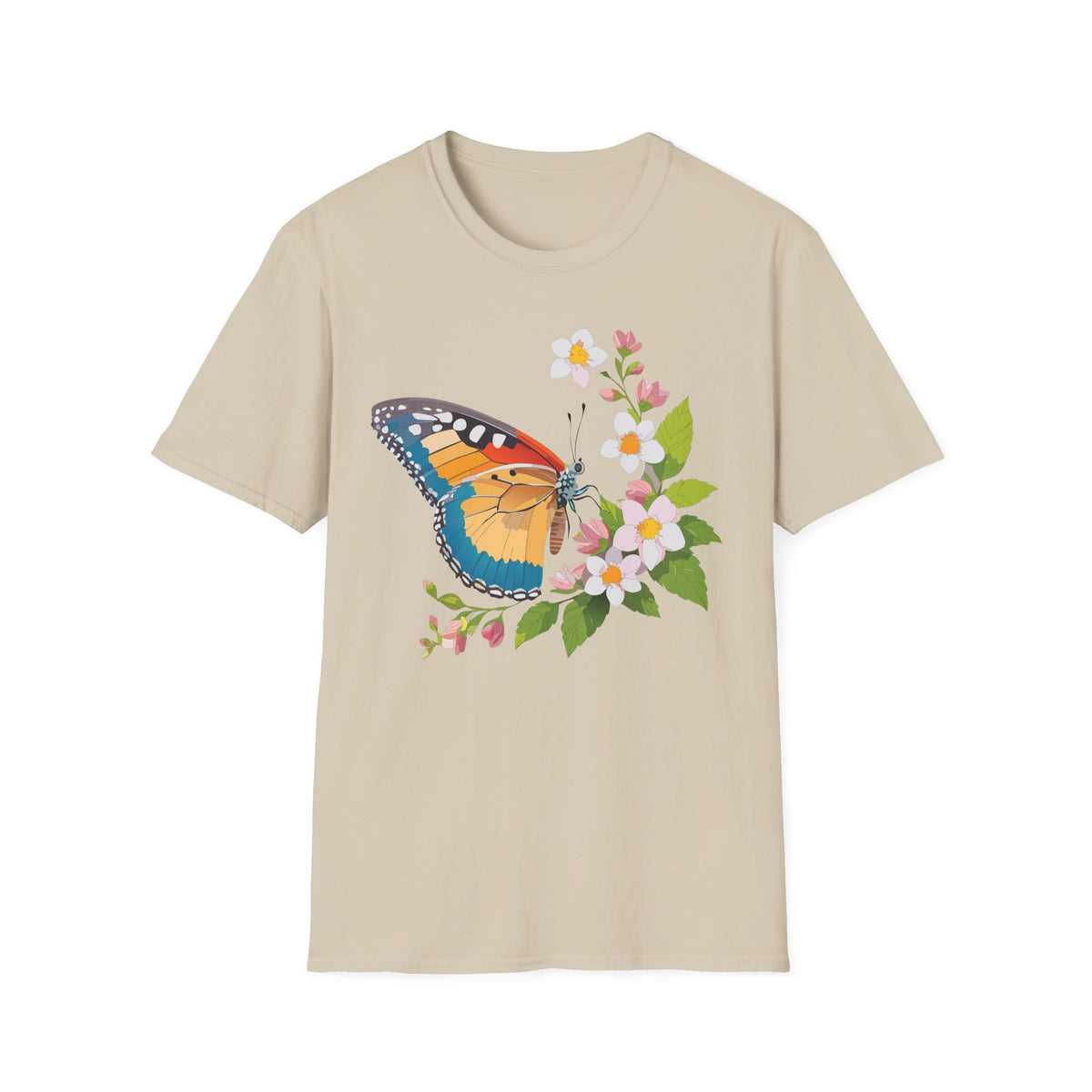 Butterfly Floral T-Shirt — Colorful Monarch with Blossoms Graphic Design Unisex 100 Cotton Gildan T-Shirt