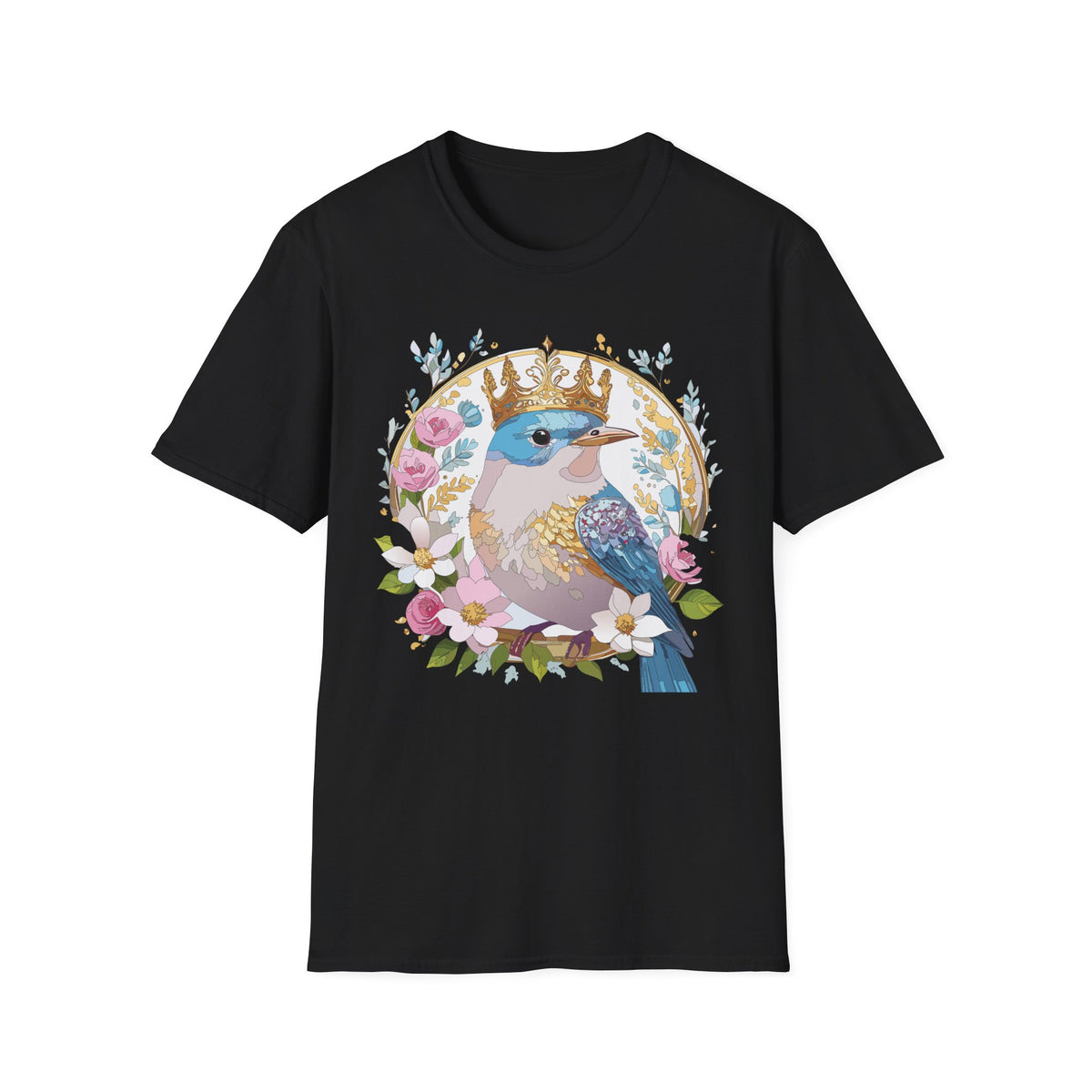 Crowned Bluebird with Floral Wreath T-Shirt | Royal Bird Illustration