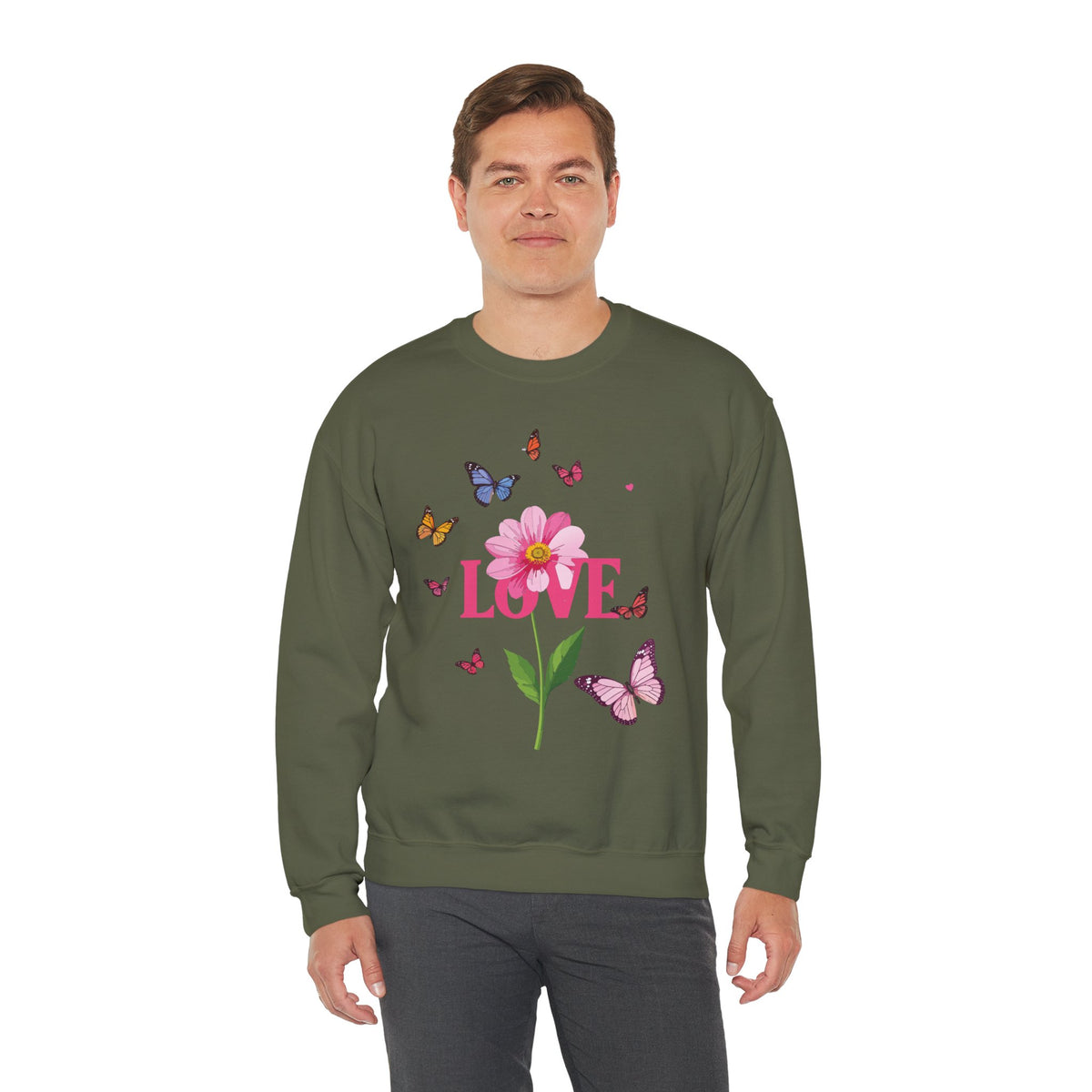 Unisex Floral Love Sweatshirt, Love Floral Sweatshirt, Floral Butterfly Sweatshirt, 50/50 Cotton-Poly Valentine's Day Sweatshirt 01