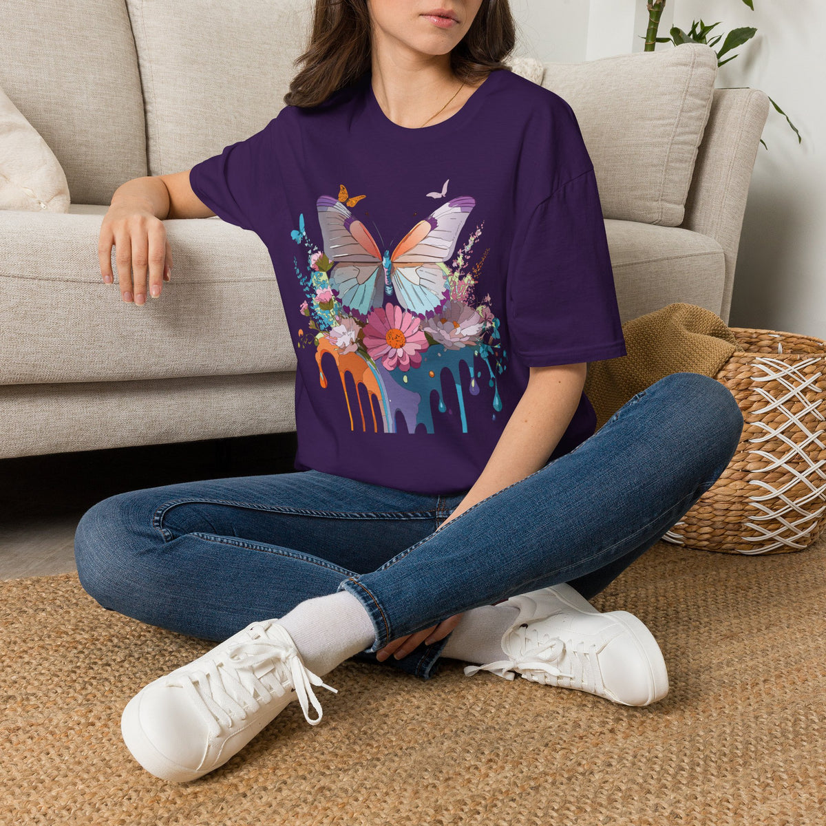 Butterfly Floral T-Shirt — Colorful Drip Art Garden Graphic Design Unisex 100 Cotton Gildan T-Shirt