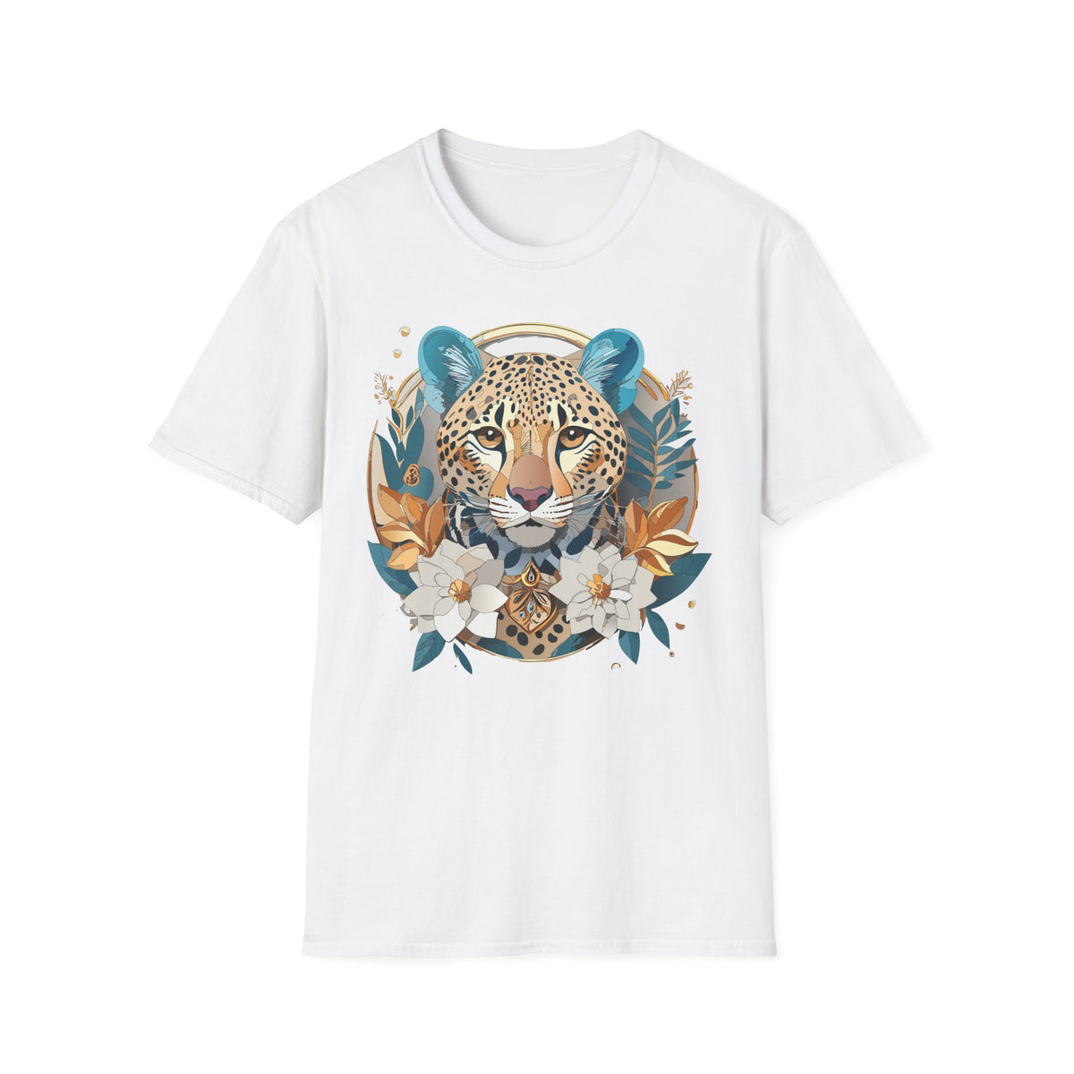 Boho Cheetah Face T-Shirt | Floral Leaves Illustration