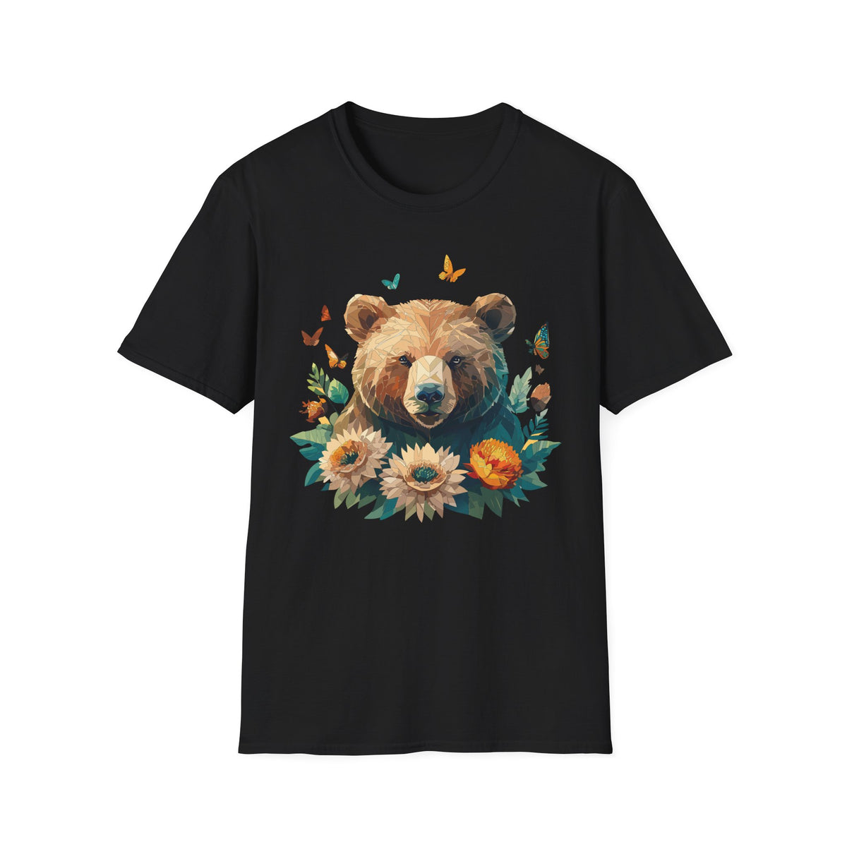 Floral Bear Illustration T-Shirt | Bear with Sunflowers and Butterflies