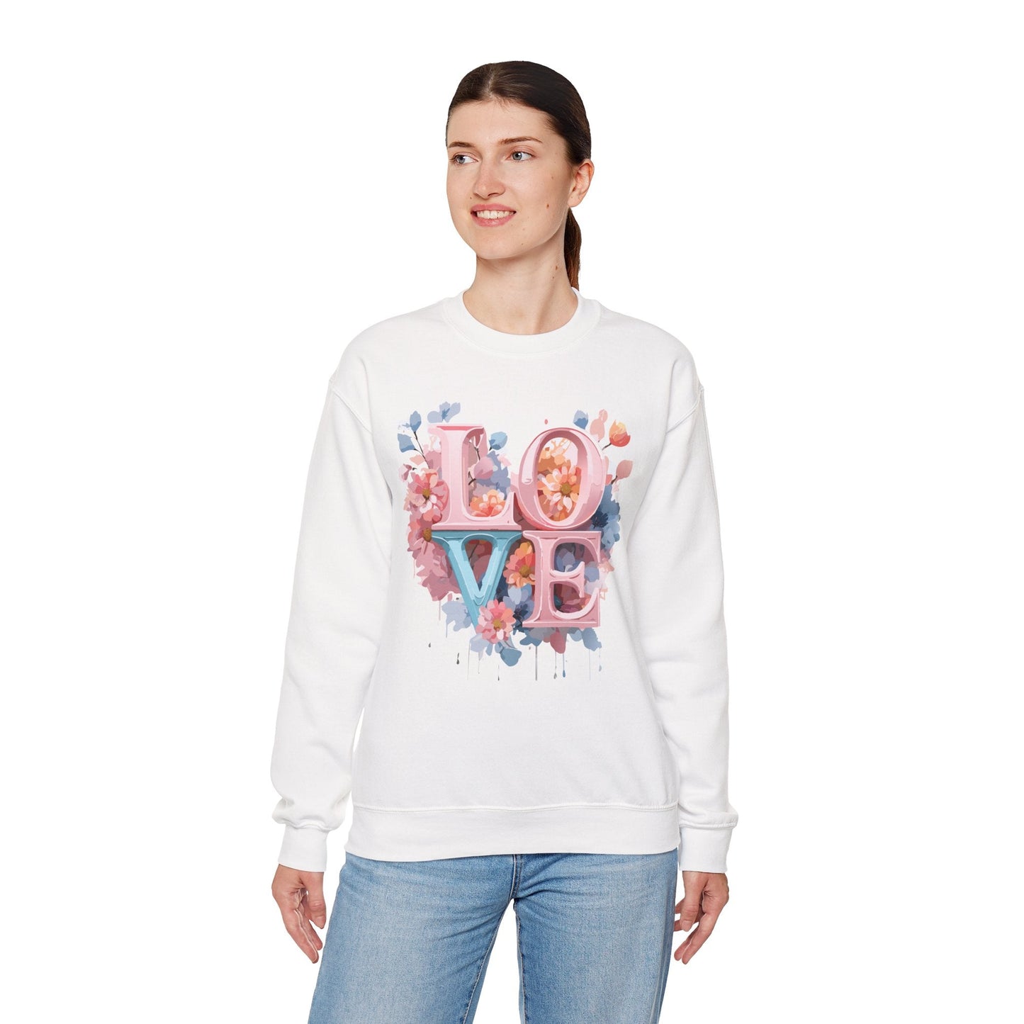 Floral Love Sweatshirt Valentines Day Unisex Heavy Blend Crewneck Gildan 18000 Cotton Polyester