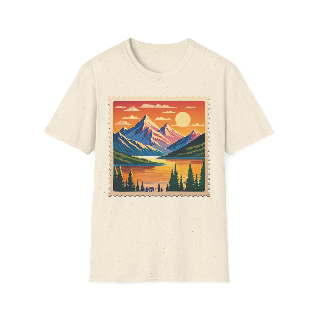 Sunset Mountain Landscape T-Shirt | Vintage Stamp Style