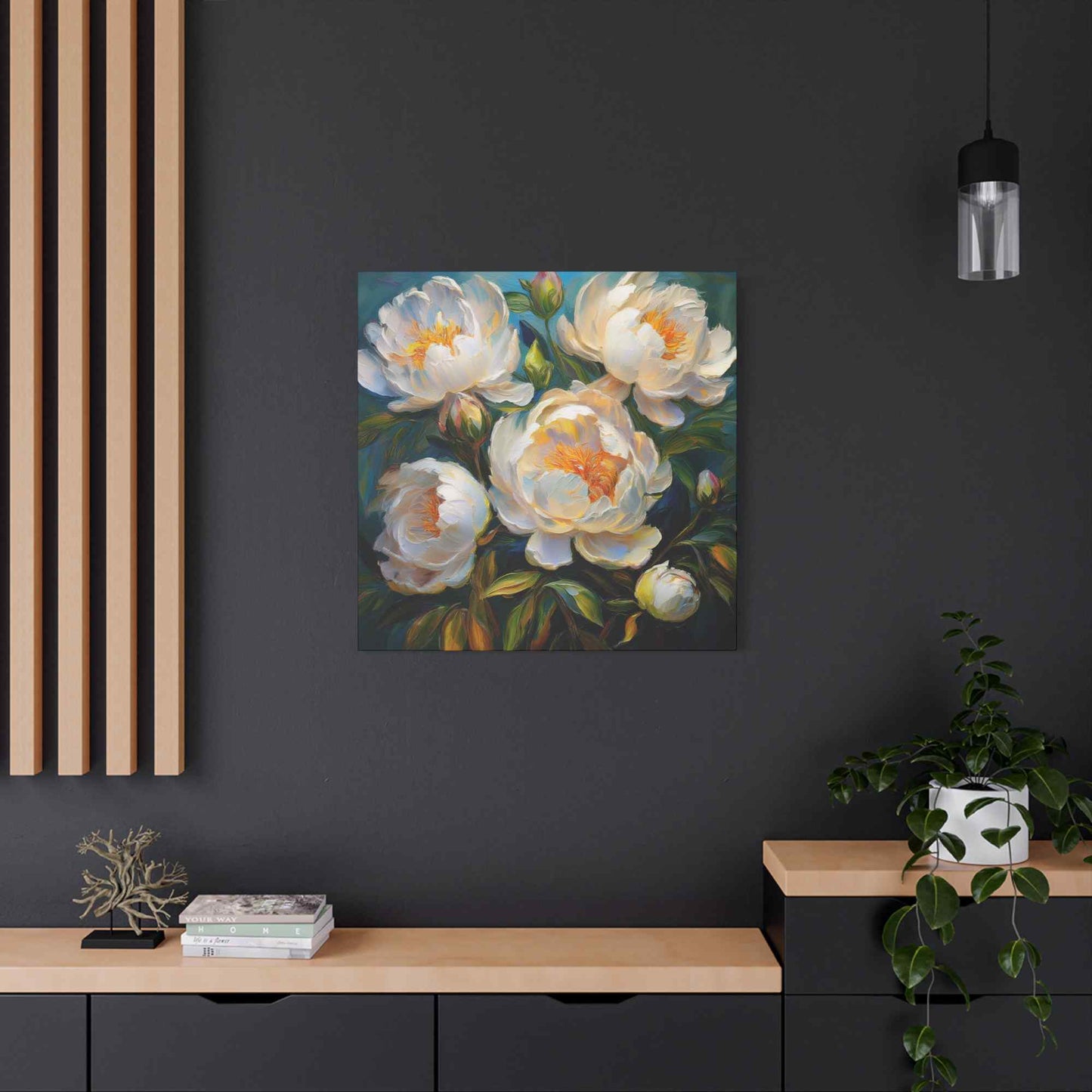 White Peonies Print Canvas, Floral Oil Paint Print 20x20, 24x24, 30x30, 32x32, 36x36 Art Design Pine-Wood Inner Frame MC-118