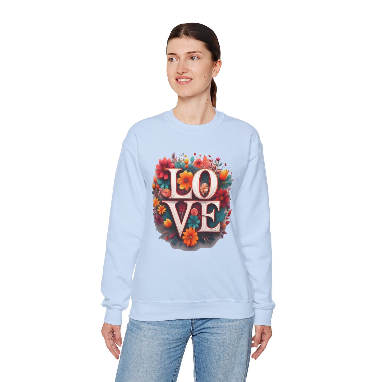 Floral Love Valentines Day Sweatshirt Unisex Heavy Blend Crewneck 50/50 Cotton Polyester Gildan 18000