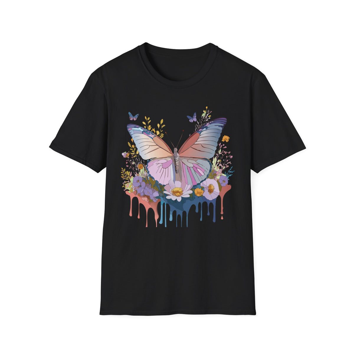 Butterfly Floral T-Shirt — Pastel Watercolor Wings with Drip Art Graphic Tee Unisex 100 Cotton Gildan T-Shirt