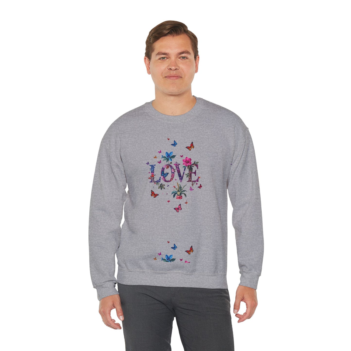 Unisex Floral Love Sweatshirt, Love Floral Sweatshirt, Floral Butterfly Sweatshirt, 50/50 Cotton-Poly Valentine's Day Sweatshirt 03