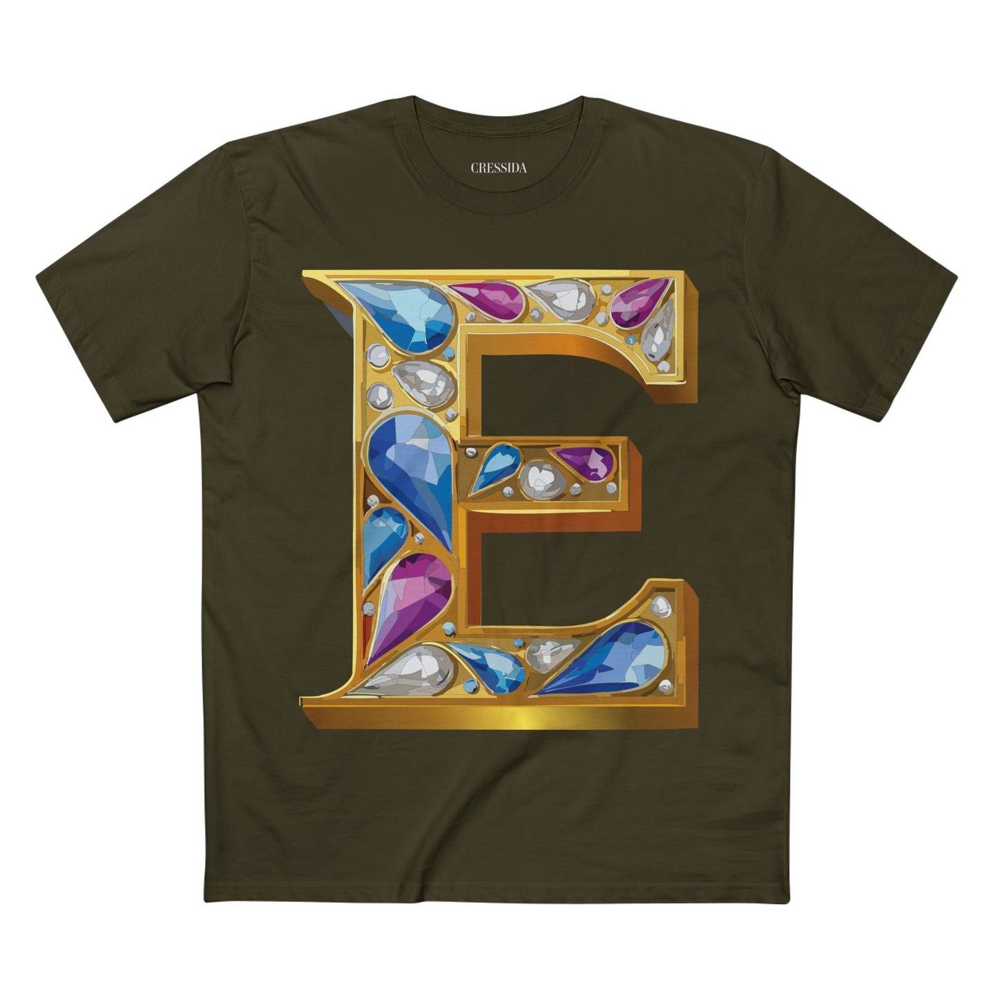 Letter E Graphic Design Tee Unisex 100 Cotton With Antique Gold Letters Artwork T-Shirt