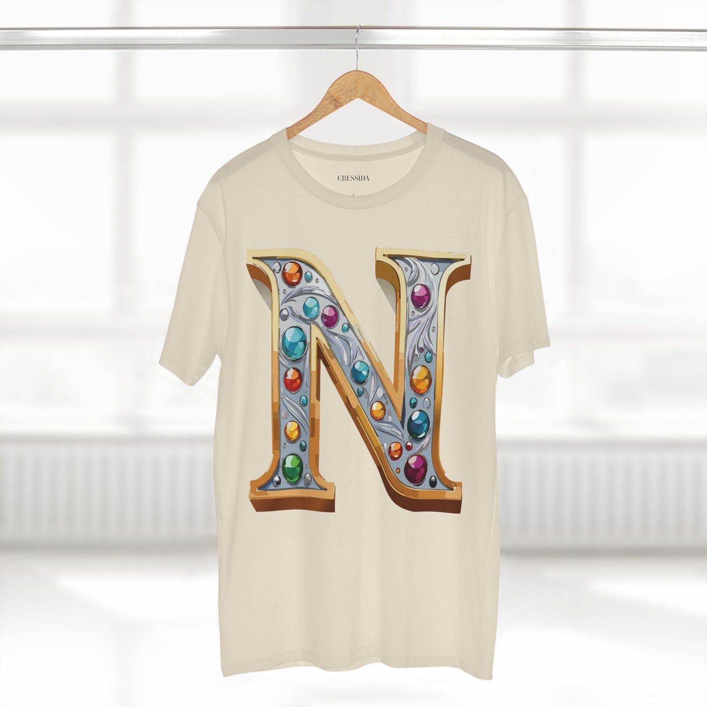Letter N Graphic Design Tee Unisex 100 Cotton With Antique Gold Letters Artwork T-Shirt