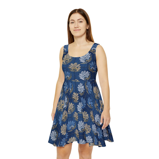 Women Denim Print Skater Dress, Denim Print Poly-Span Dress - 32