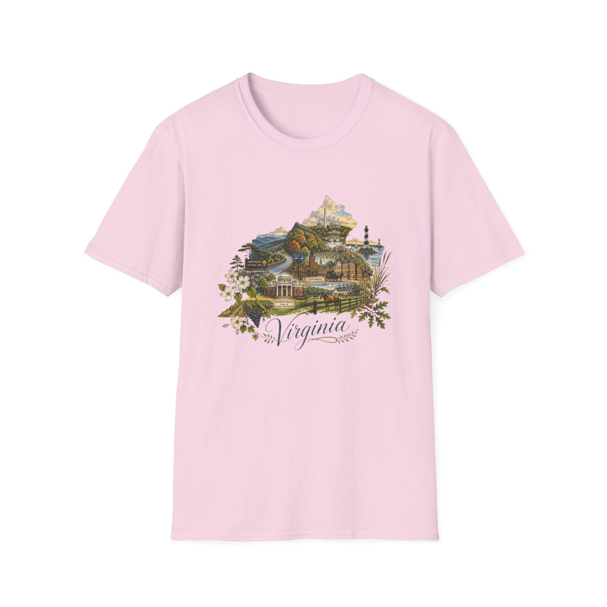 Virginia State Scenic T-Shirt — Vintage Mountains & Coastal Landmarks Travel Tourist Graphic Design Unisex 100 Cotton Gildan T-Shirt