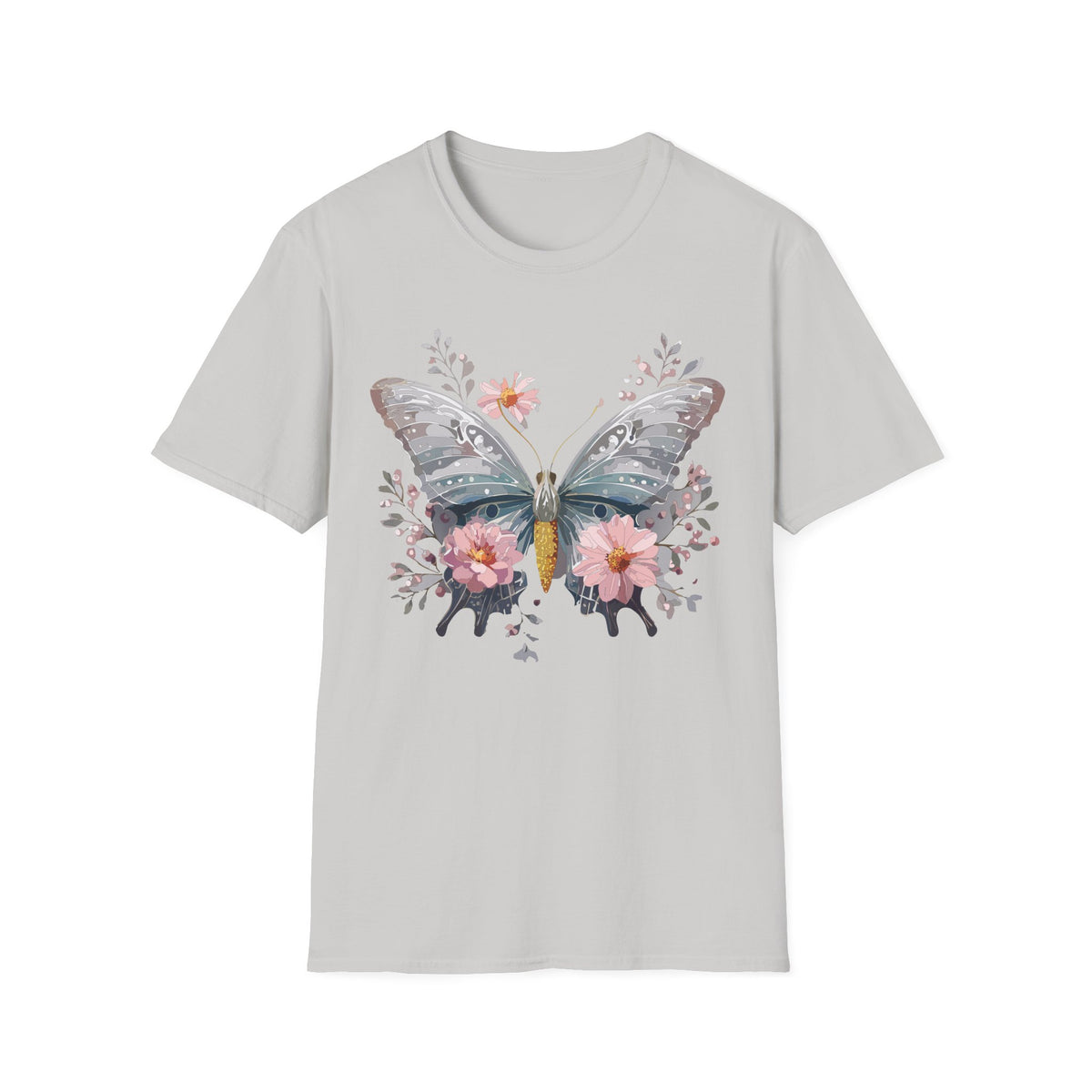 Butterfly Floral T‑Shirt — Watercolor Moth & Pink Flowers Graphic Tee Unisex 100 Cotton Gildan T-Shirt
