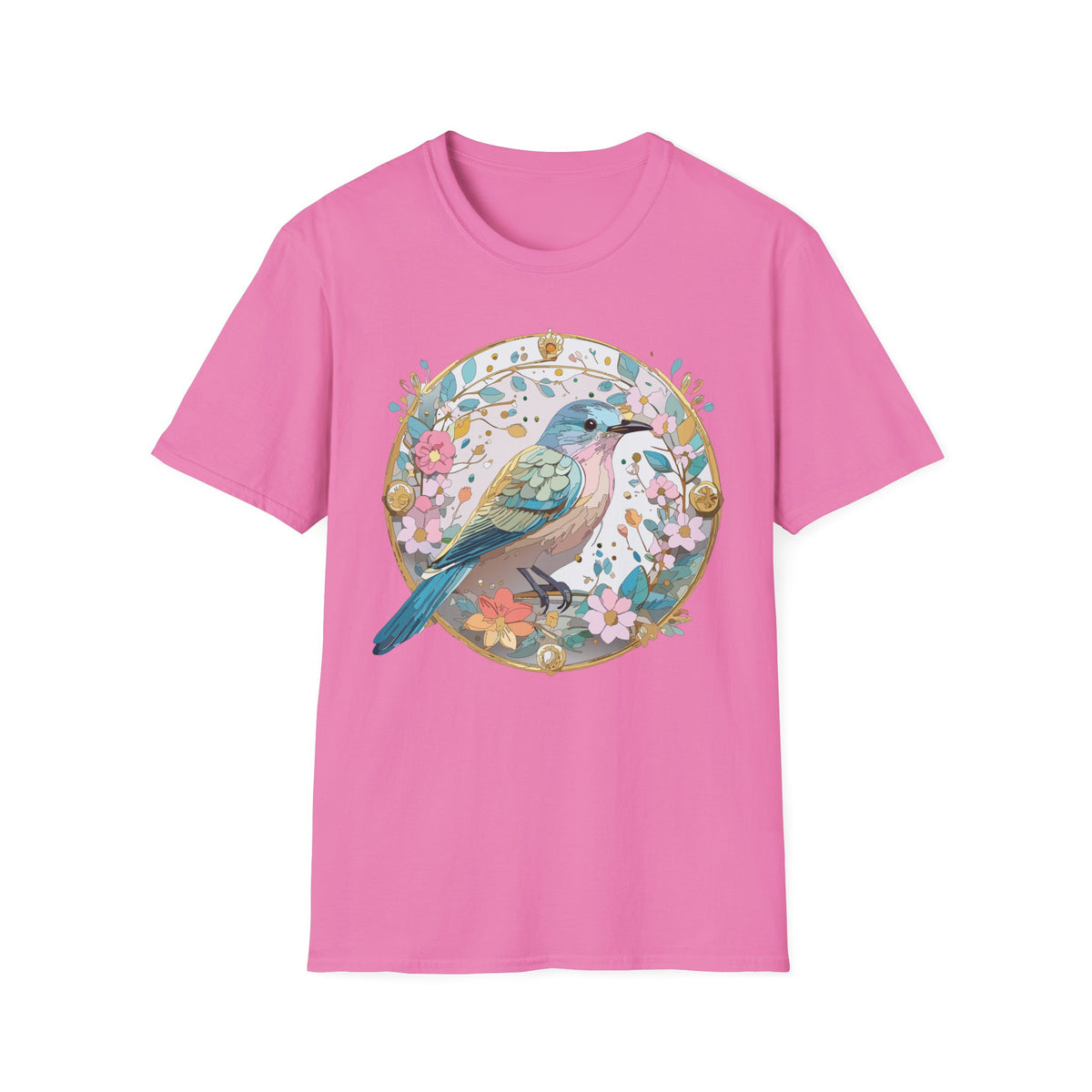 Floral Bird Illustration T-Shirt | Pastel Nature Circle Design