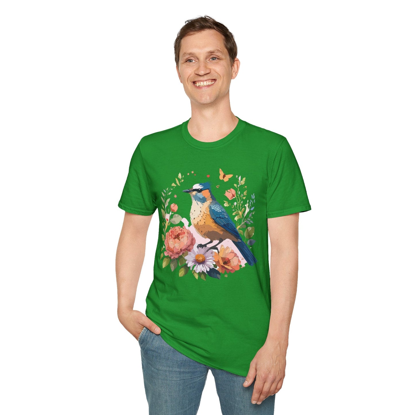 Floral Bird T Shirt Unisex Softstyle Gildan 64000 Tee 100 Percent Ring Spun Cotton