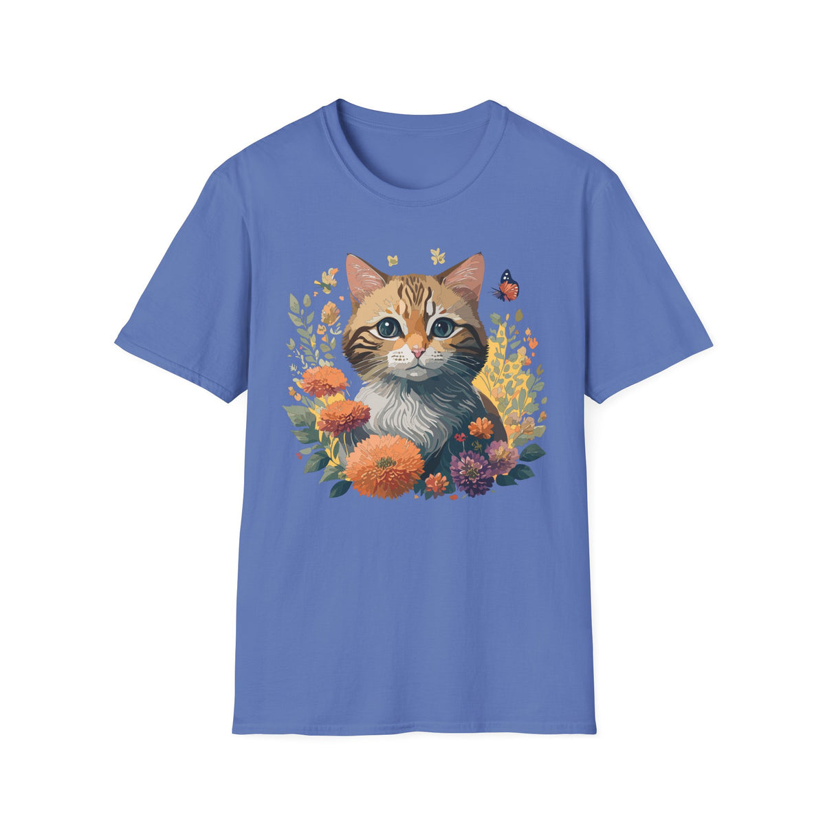 Cute Tabby Kitten Floral Illustration T-Shirt | Cat, Butterfly, Wildflowers