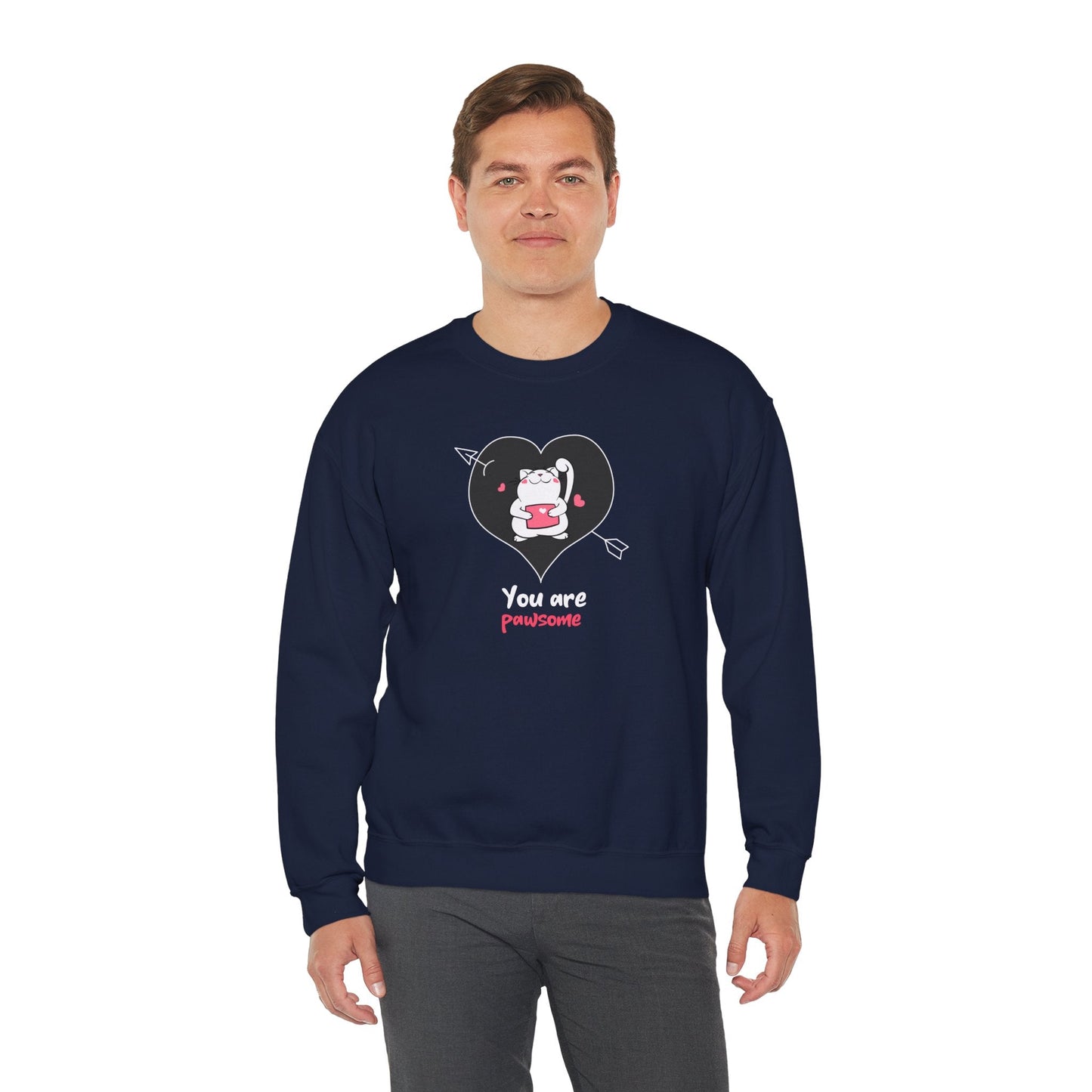 Cat Heart Sweatshirt Unisex Valentines Day Fifty Fifty Cotton Poly Crewneck Gildan 18000