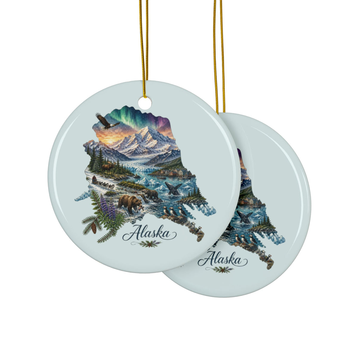 Alaska Landscape Ornament | Ceramic Round Christmas Ornament - 2.99" Includes Gold String
