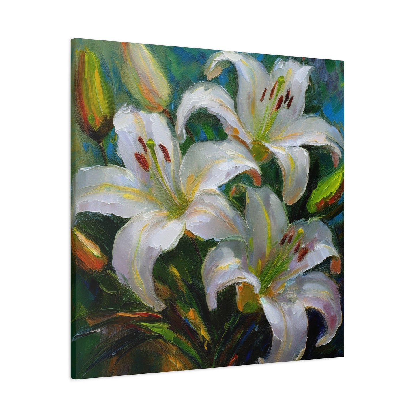 White Lilies Print Canvas, Floral Oil Paint Print 20x20, 24x24, 30x30, 32x32, 36x36 Art Design Pine-Wood Inner Frame MC-155