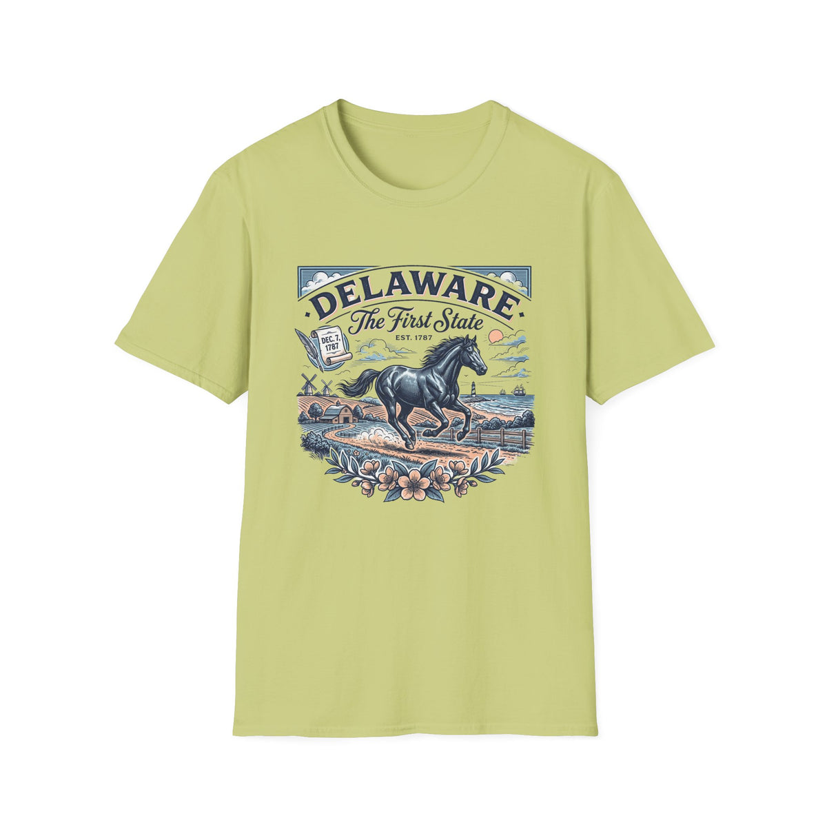 Delaware The First State Horse Travel Tourist Graphic Tee Unisex 100 Cotton Gildan T-Shirt