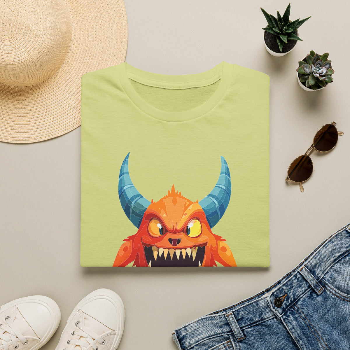Orange Horned Monster T-Shirt — Cute Scary Cartoon Tee for Kids & Halloween Cartoon Graphic Tee Unisex 100 Cotton Gildan T-Shirt