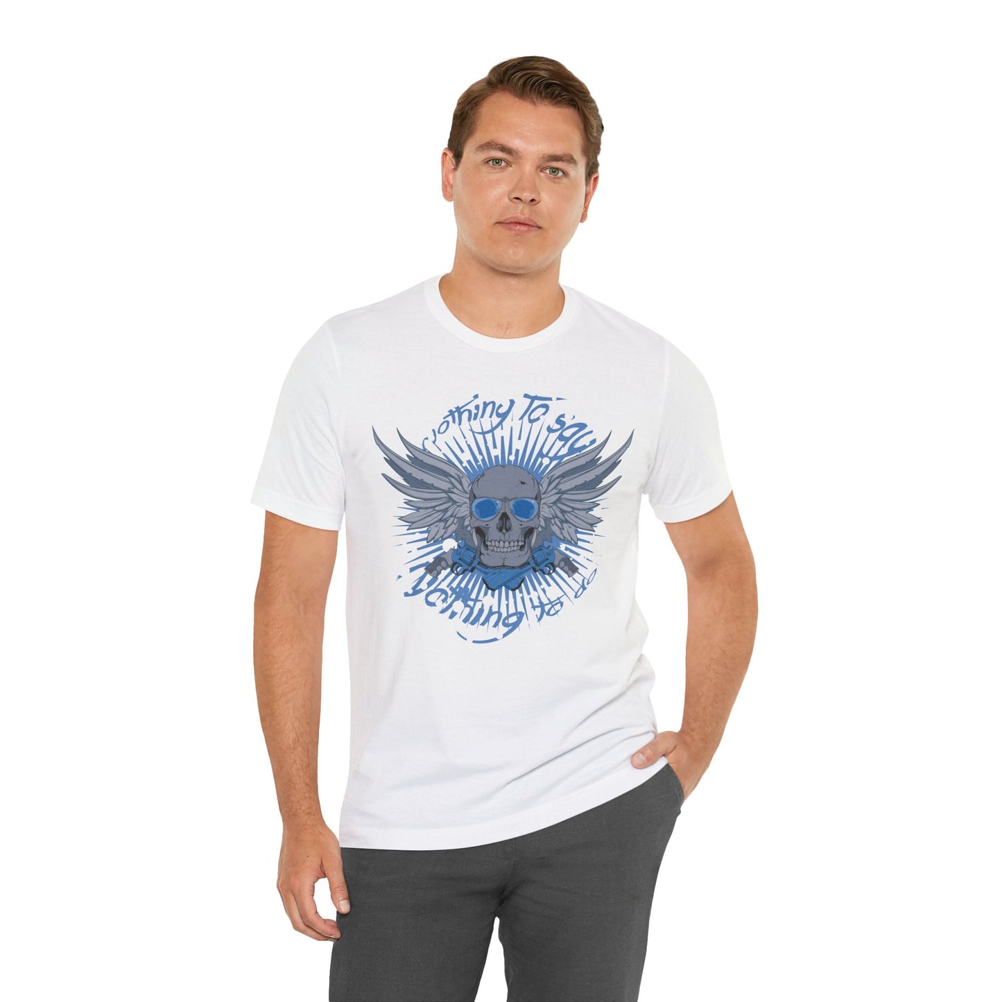 Winged Skull Graphic Tee | Blue Skull with Wings, Radiant Burst