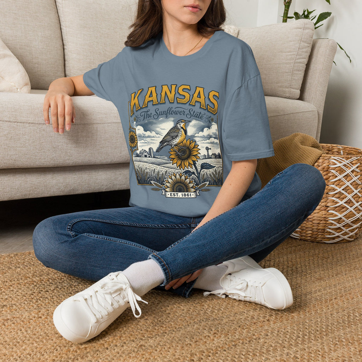 Kansas The Sunflower State T-Shirt | Vintage Meadow Bird Sunflower Design