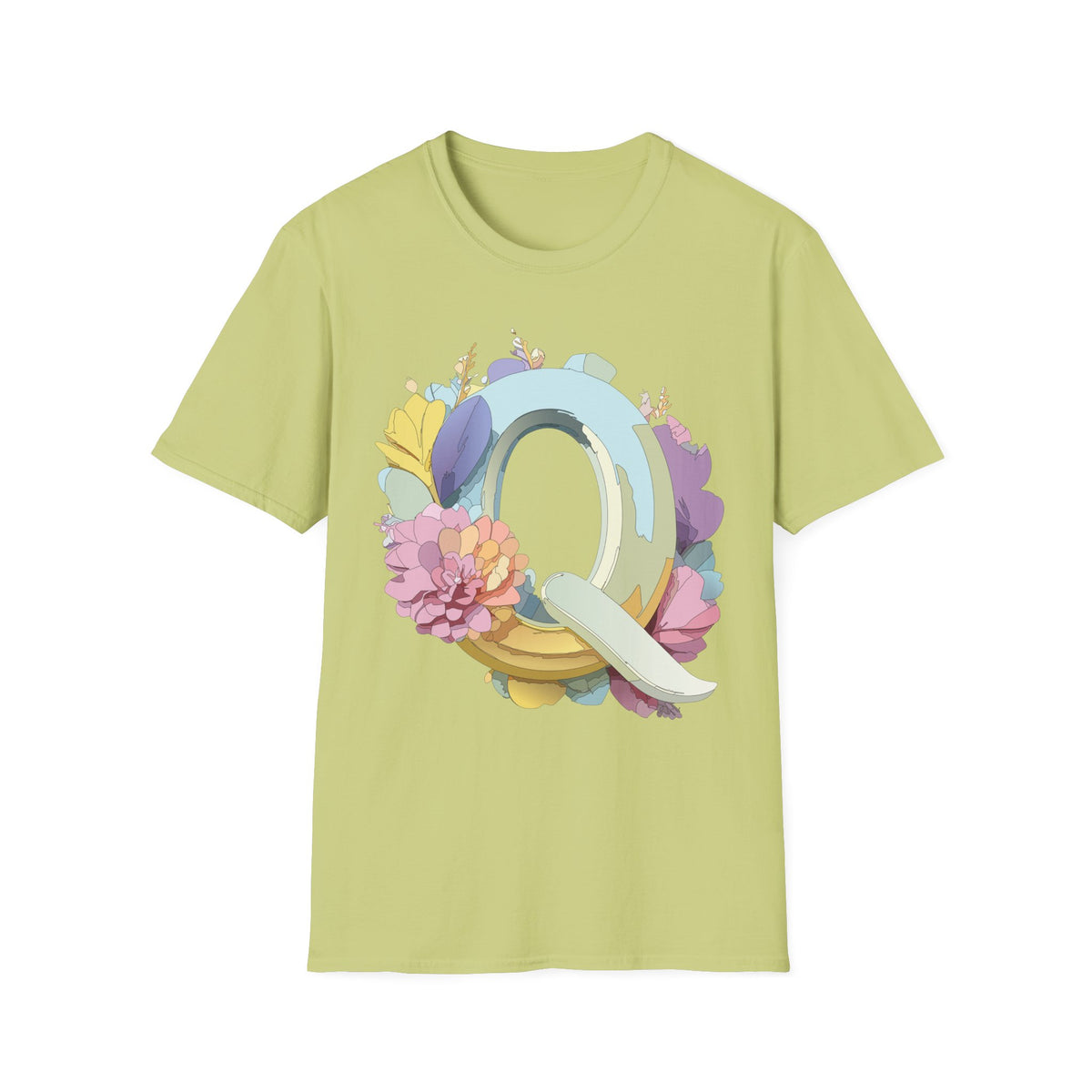 Floral Letter Q T-Shirt | Pastel Monogram Tee, Botanical Initial Shirt