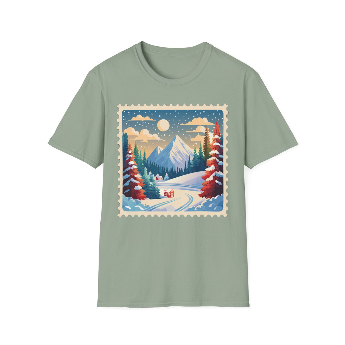 Vintage Winter Mountain Scene T-Shirt | Snowy Peaks Forest Illustration