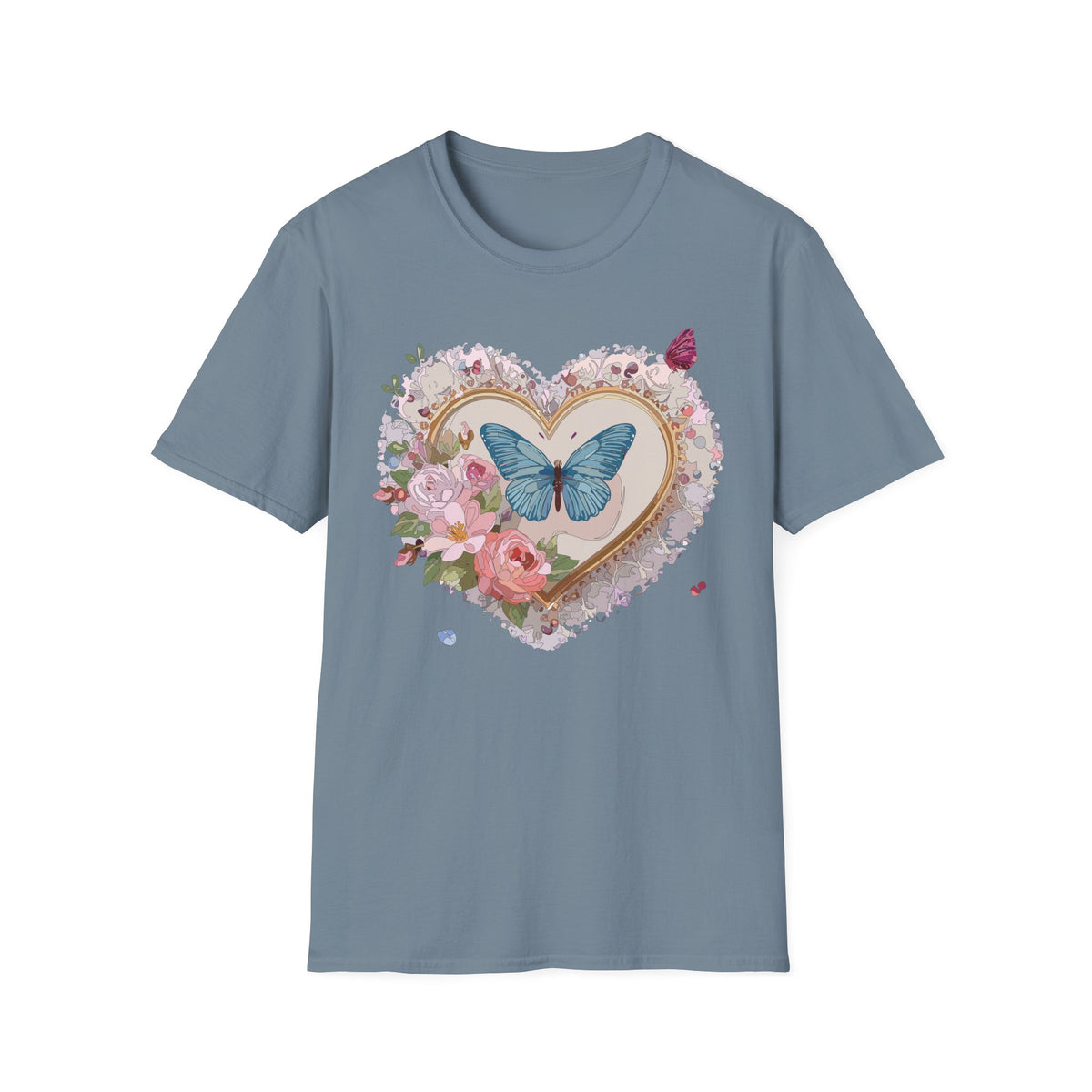 Butterfly Heart T-Shirt — Floral Blue Butterfly Graphic Tee Unisex 100 Cotton Gildan T-Shirt