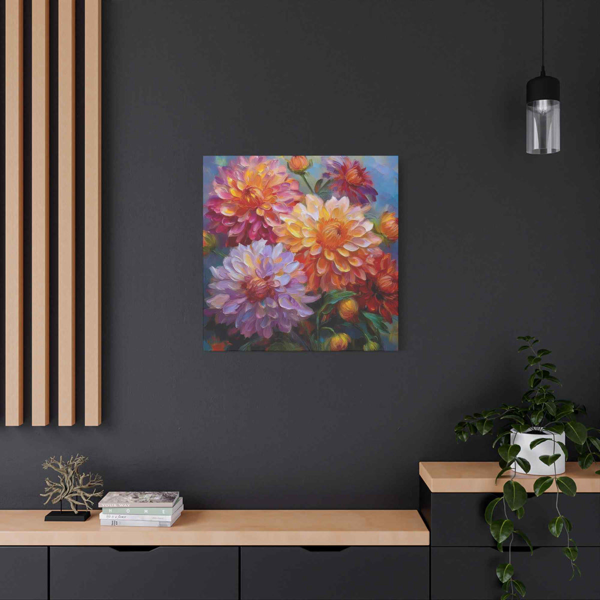 Dahlias Floral Print Canvas, Floral Oil Paint Print 20x20, 24x24, 30x30, 32x32, 36x36 Art Design Pine-Wood Inner Frame MC-165
