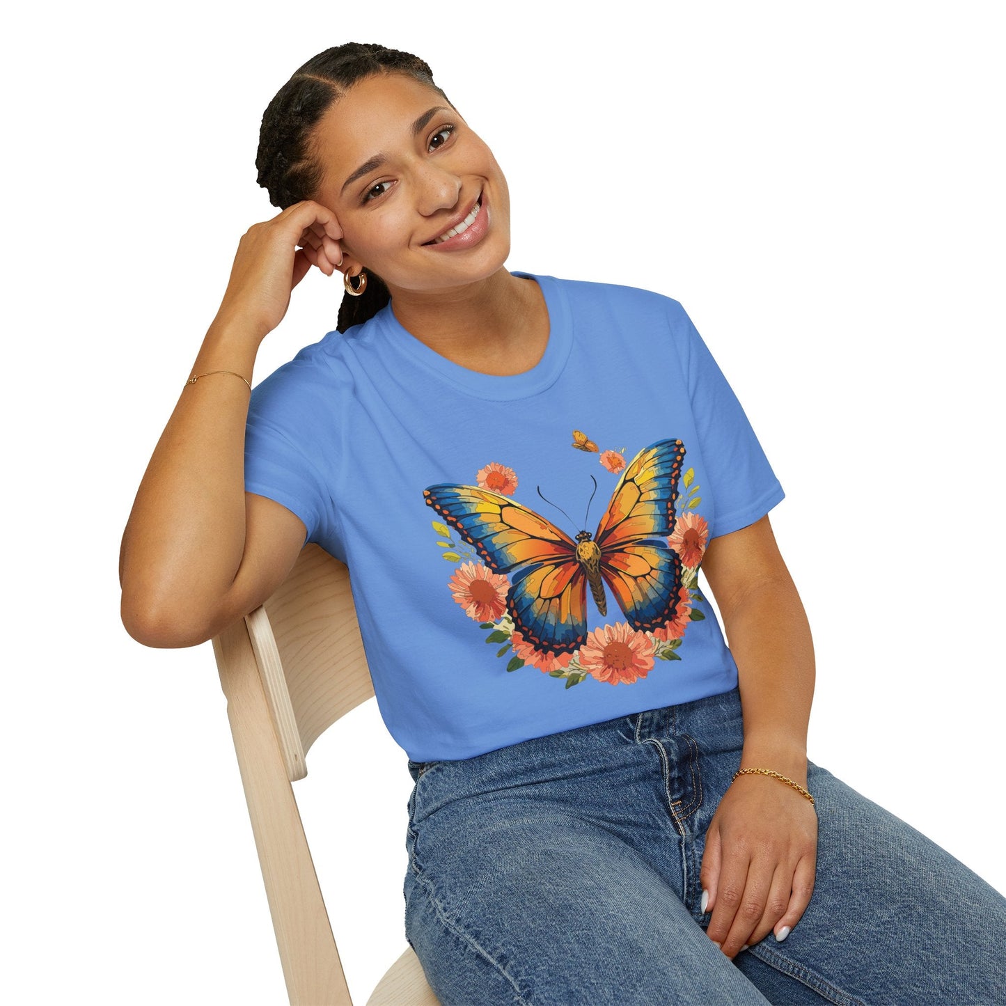 Butterfly T Shirt Unisex Softstyle Gildan 64000 Monarch Print 100 Percent Ring Spun Cotton
