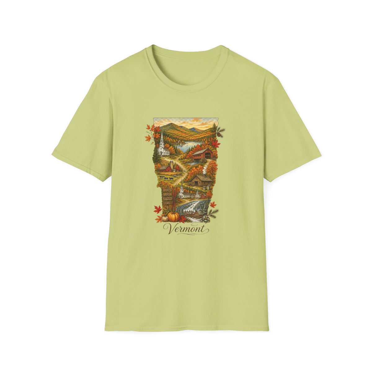 Vermont Fall Scenic T‑Shirt — Autumn Maple Leaves Landscape Travel Tourist Graphic Design Unisex 100 Cotton Gildan T-Shirt